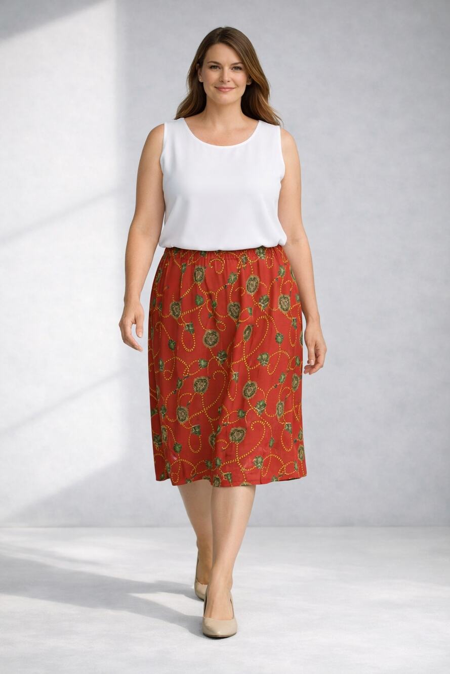 Vintage Silky Midi Skirt Chains Crest Shield Red Sz Large Preppy Retro